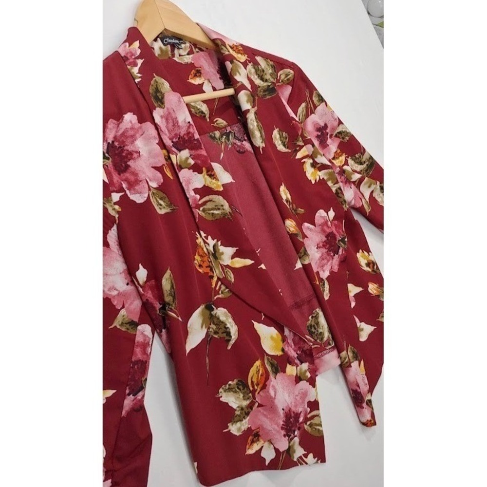 Womens Burgundy Sile L Floral Open Front Blazer Jacket Cardigan Chocolate USA Lq - Picture 4 of 11
